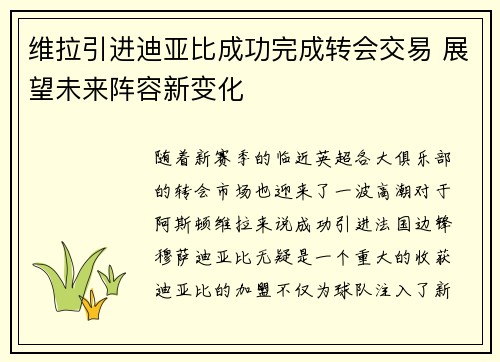 维拉引进迪亚比成功完成转会交易 展望未来阵容新变化